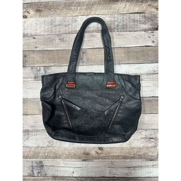 Vintage y2k B Makowsky Black Genuine Leather Embossed Floral Detail Tote Handbag - Picture 1 of 12